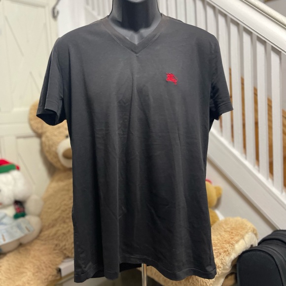 EUC Men’s Large Burberry Brit V-Neck Cotton Tee With Logo Embroidered In Blaack - Picture 6 of 14